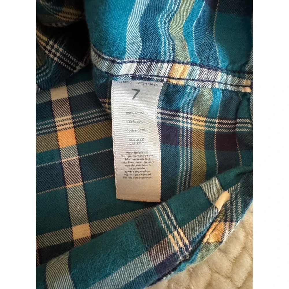 Carters Boys Teal Blue Yellow Plaid Flannel Button Down Shirt Size 7 3J248910